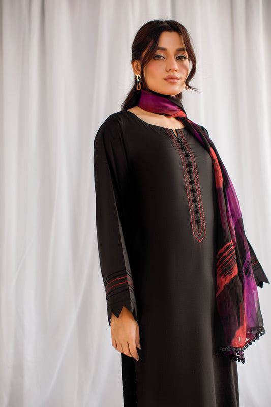 Midnight Elegance |  3-Piece Stitched Lawn Suit With Tie & Dye Dupatta