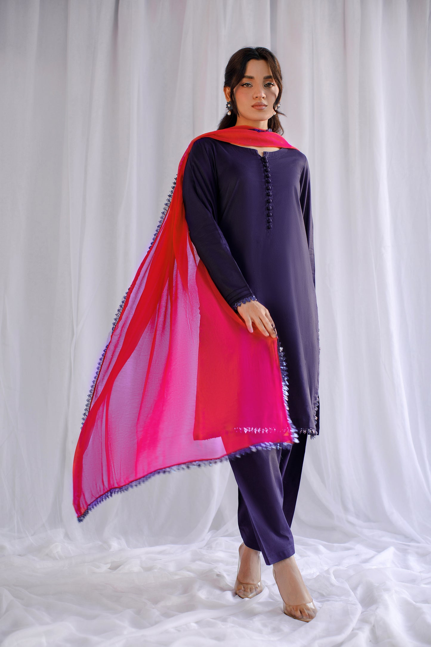 Midnight Bloom | 3-Piece Lawn Suit With Mirror Work & Tie-Dye Dupatta