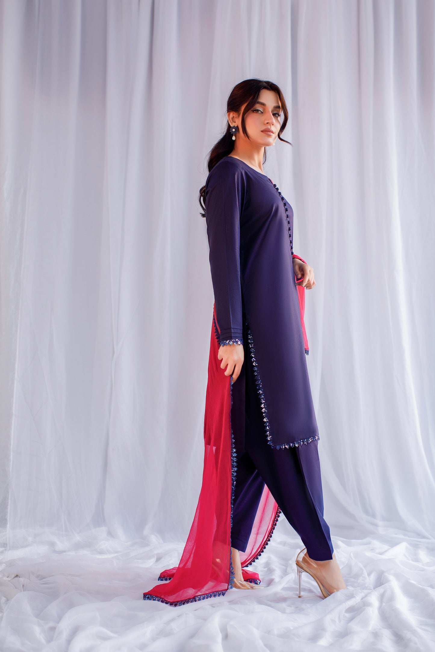 Midnight Bloom | 3-Piece Lawn Suit With Mirror Work & Tie-Dye Dupatta