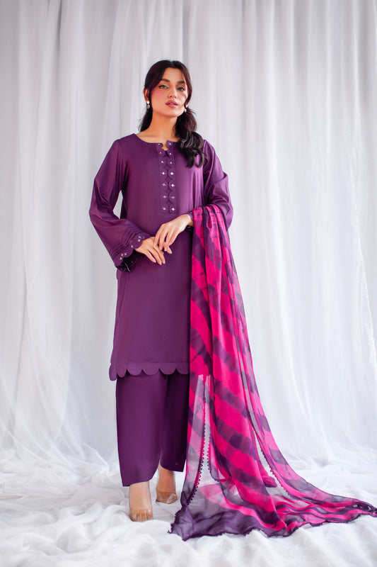 Pure Essence | 3-Piece Lawn Suit – Mirror Work & Tie-Dye Dupatta